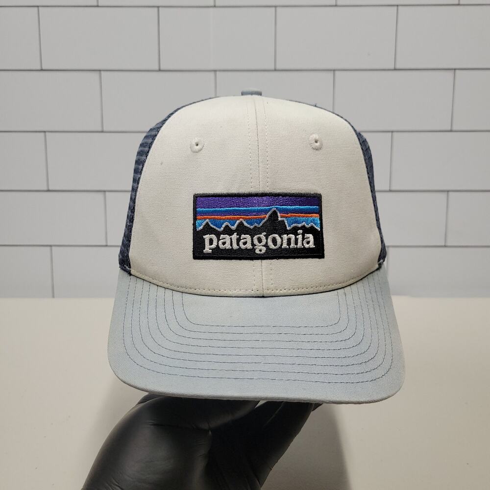 Patagonia P-6 Logo Trucker Hat Snapback Gray Blue Mesh Outdoor Hiking Cap